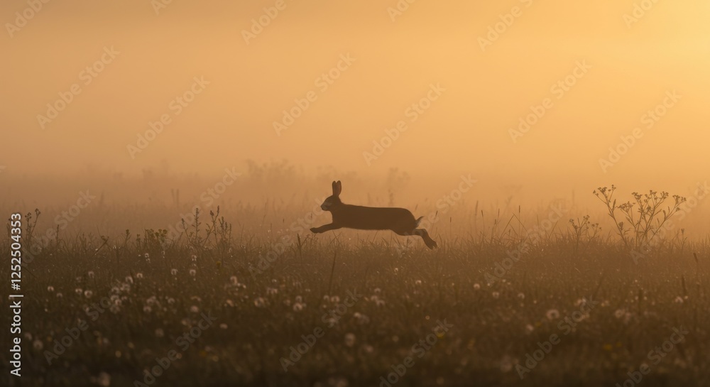 Rabbit Leaping in Misty Morning Field Rabbit Leaping in Misty Morning Field