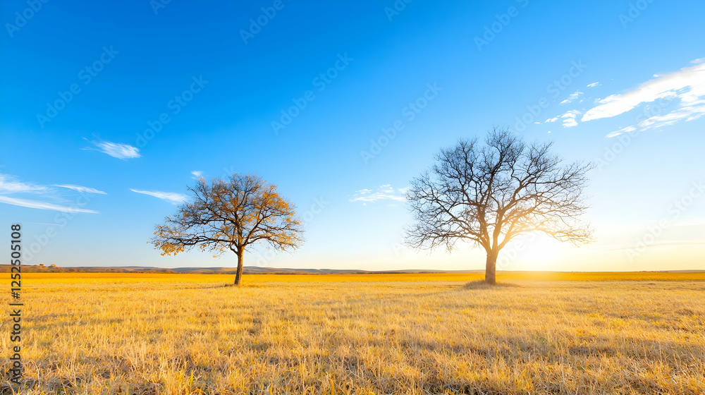 Fototapeta premium Autumn sunset, two trees in field, calm landscape, nature scene