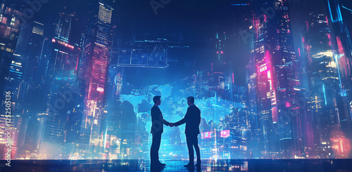A digital illustration of business people standing in front of the Earth, with lines connecting them to other figures around the globe. 