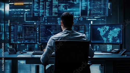 A cybersecurity analyst investigating a cyber attack in a security operations center, with monitors and security protocols, Cybersecurity investigation scene