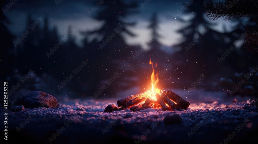 Warm Campfire Glow in a Dark Forest with Snowy Ground Warm Campfire Glow in a Dark Forest with Snowy Ground