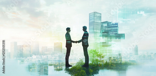 A digital illustration of business people standing in front of the Earth, with lines connecting them to other figures around the globe. 