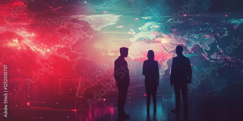 A digital illustration of business people standing in front of the Earth, with lines connecting them to other figures around the globe. 