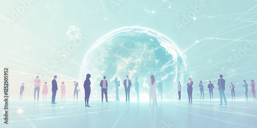 A digital illustration of business people standing in front of the Earth, with lines connecting them to other figures around the globe. 