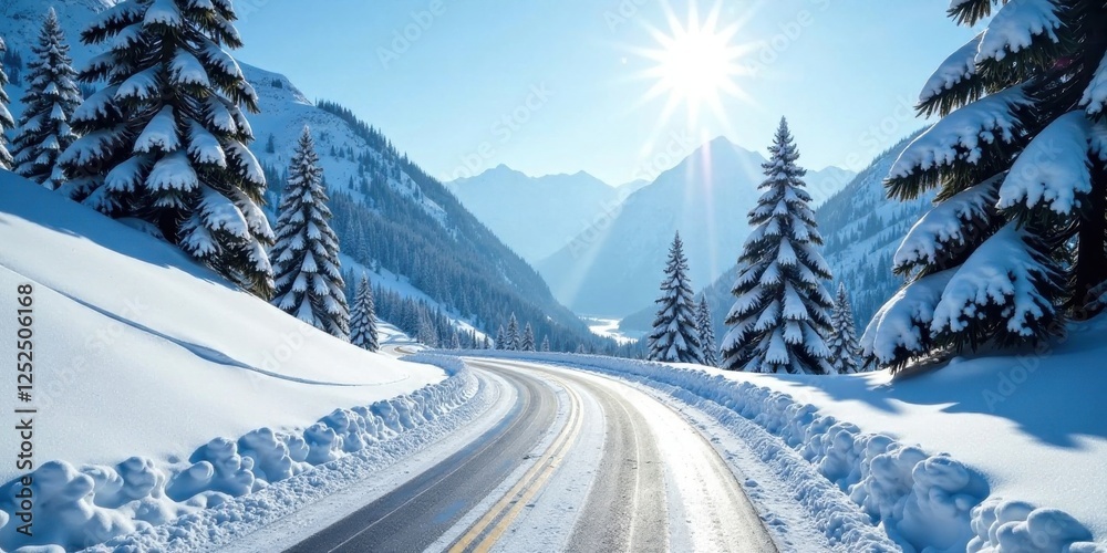 Winter Wonderland Drive A Serene Snow-Covered Mountain Road Winding Through a Pristine Landscape of Snow-Dusted Evergreen Trees Under a Bright Sun Winter Wonderland Drive A Serene Snow-Covered Mountain Road Winding Through a Pristine Landscape of Snow-Dusted Evergreen Trees Under a Bright Sun