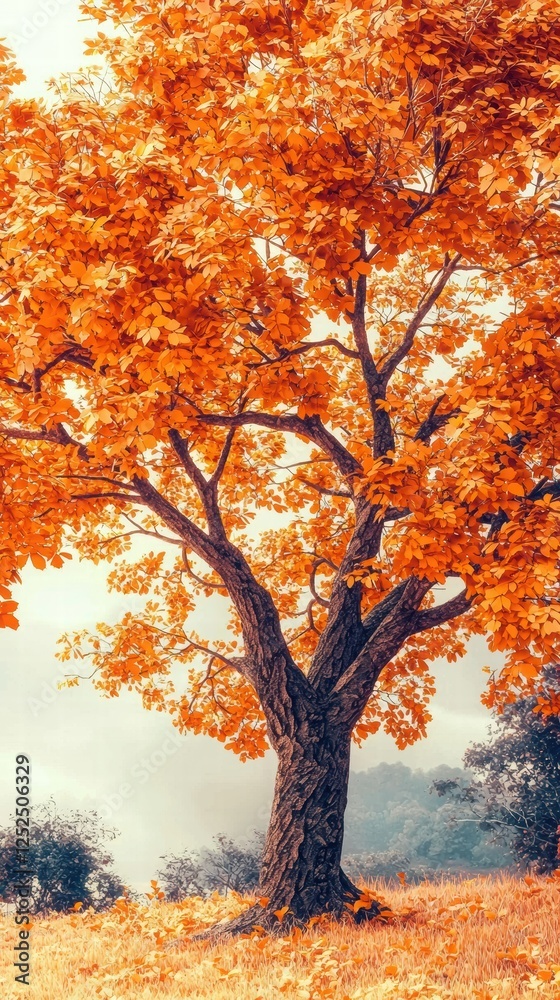 Fototapeta premium Vibrant Orange Autumn Tree in a Peaceful Landscape During the Fall Season