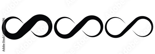 Infinity symbol set. Infinity symbols collection, black infinity vector illustrations on white background. Symbols of endless, unlimited infinity, eternity, loop, discontinuation, and repetition.