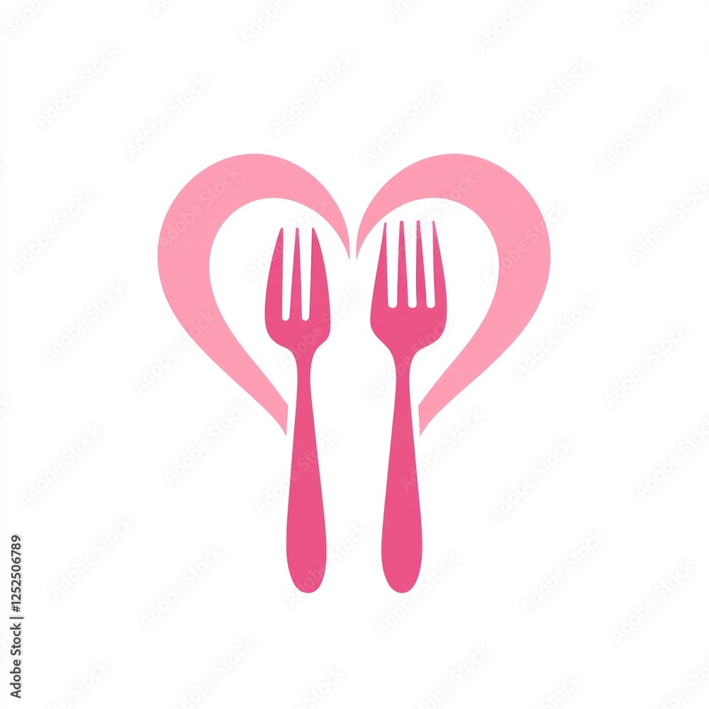 Romantic pink forks in heart shape restaurant logo Romantic pink forks in heart shape restaurant logo