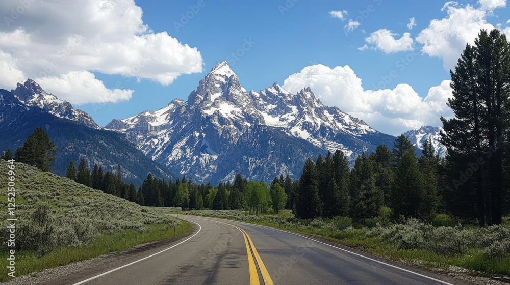 Fototapeta premium Scenic Route, Grand Teton Mountain View along Highway in Summer Day