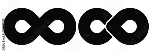 Infinity symbol set. Infinity symbols collection, black infinity vector illustrations on white background. Symbols of endless, unlimited infinity, eternity, loop, discontinuation, and repetition.