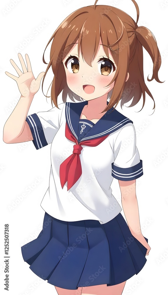 Happy Anime Schoolgirl Waving