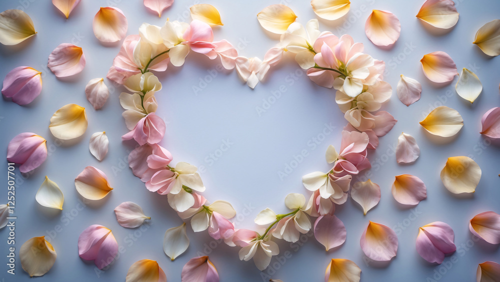 Obraz premium Romantic Pastel Pink Peach Rose Petals in a Heart Shape Arround Blank White Paper on a Clean Surface for Wedding or Love Themed Event Styling Wallpaper Background Idea Inspiration