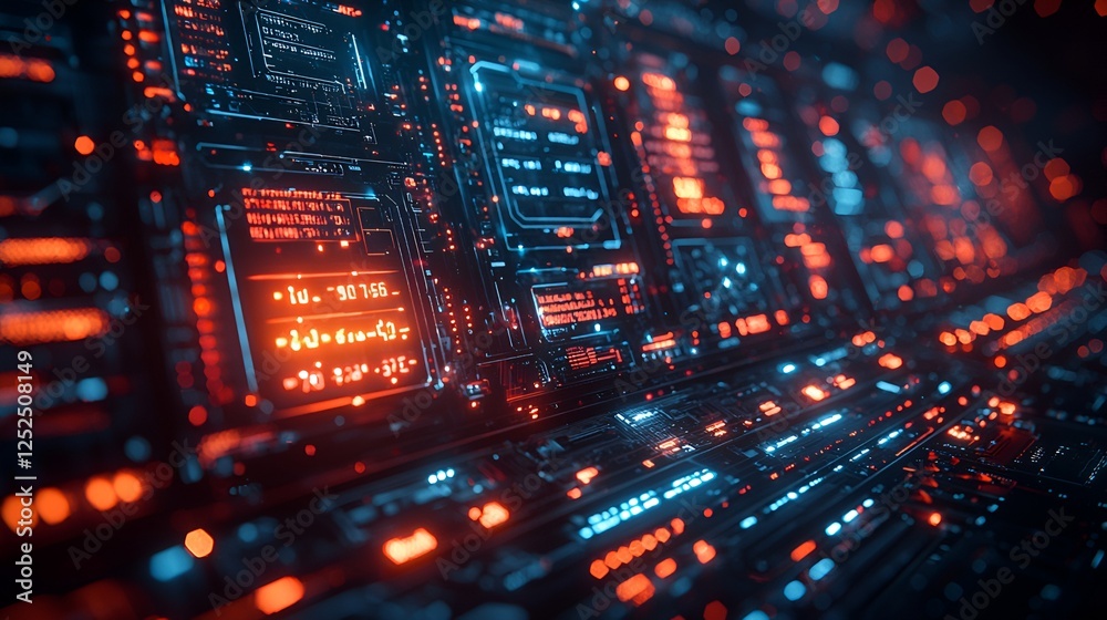 Obraz premium Futuristic digital interface, data streams, server room background, tech concept