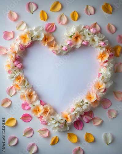 Romantic Pink Peach Rose Petals Forming a Heart Shape Around Blank White Paper on a Clean Background for Wedding Day or Love Decor Styling Romantic Wallpaper Background Idea Inspiration