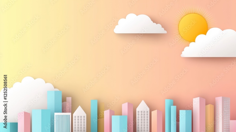 Colorful Paper Cutout City Skyline with Pastel Buildings Clouds and Sun in a Gradient Background Colorful Paper Cutout City Skyline with Pastel Buildings Clouds and Sun in a Gradient Background