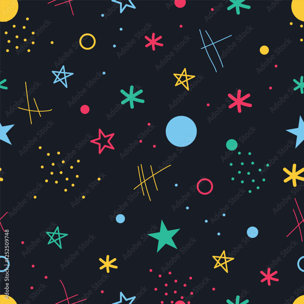 Memphis Seamless Pattern. Abstract Modern Print. Multicolored Elements on Black Background. Sample can be used for Fabric, Cover, Wrapping Paper, Mugs. Vector Illustration Memphis Seamless Pattern. Abstract Modern Print. Multicolored Elements on Black Background. Sample can be used for Fabric, Cover, Wrapping Paper, Mugs. Vector Illustration
