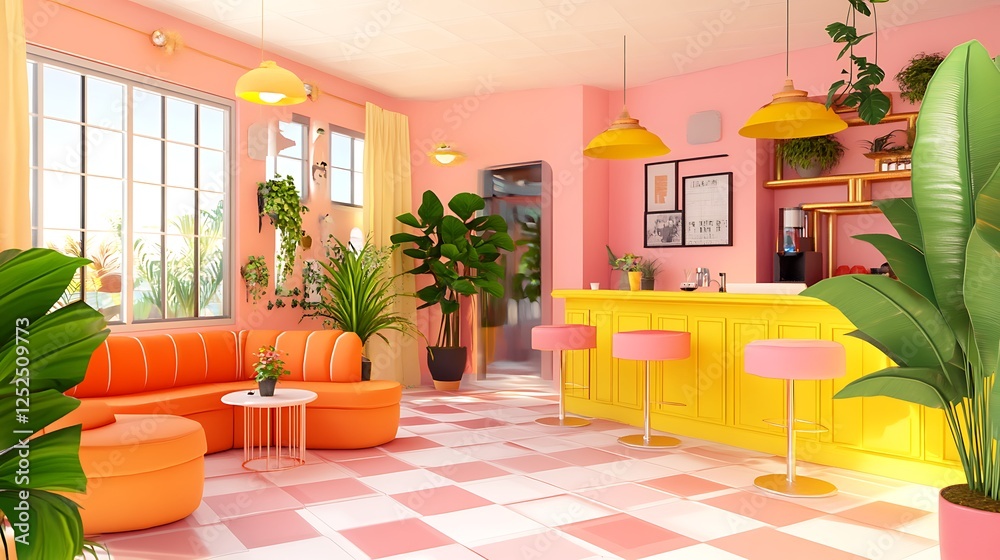 Fototapeta premium Stylish Pink and Yellow Lounge Cafe Interior Design