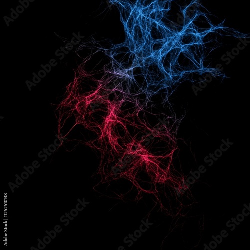 Abstract Energetic Plasma Collision of Red and Blue Lightning in Dark Space Background Effect.