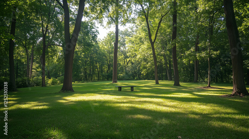 Sunlight filters through tall trees in a serene forest, evoking tranquility and natural harmony.