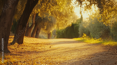 Golden sunlight illuminates a tranquil forest path, evoking peace and natural harmony.