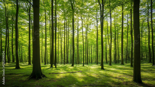 Sunlight filters through tall trees in a serene forest, evoking tranquility and natural harmony.