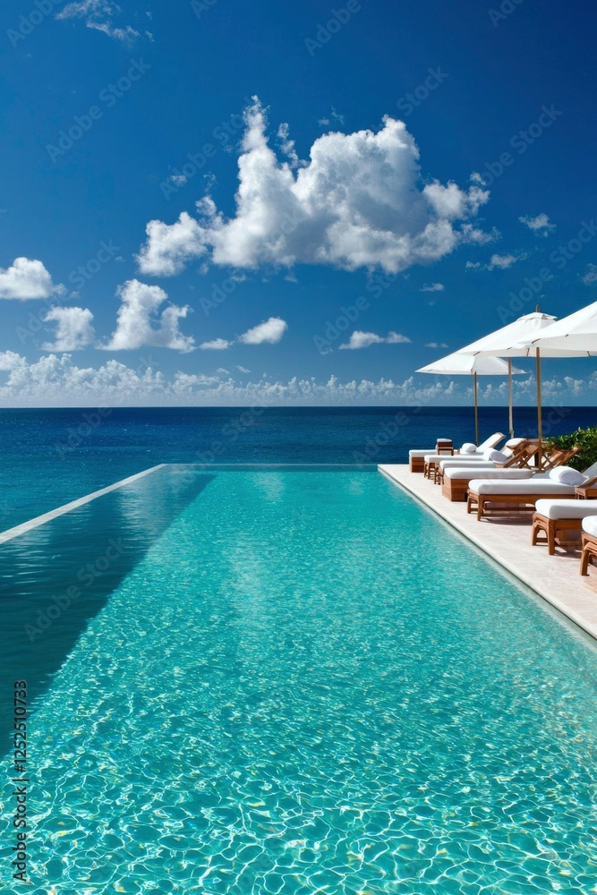 Fototapeta premium Serene infinity pool merges with ocean; lounge chairs nearby; vacation background