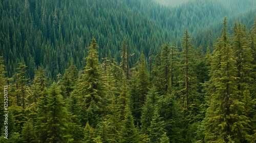 Tranquil forest of towering spruce, fir, and pine trees bathed in soft sunlight, evoking a serene connection with nature.