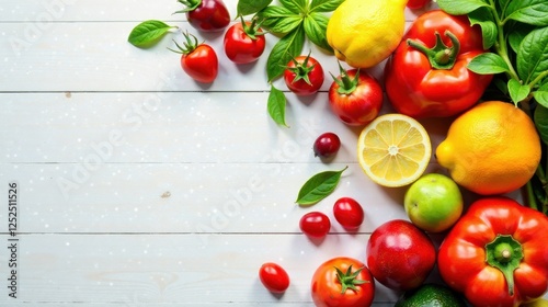 Wallpaper Mural Vibrant assortment of fresh produce arranged artfully on a white wooden surface, showcasing a delightful mix of colors and textures, ideal for healthy eating concepts or culinary themes. Torontodigital.ca