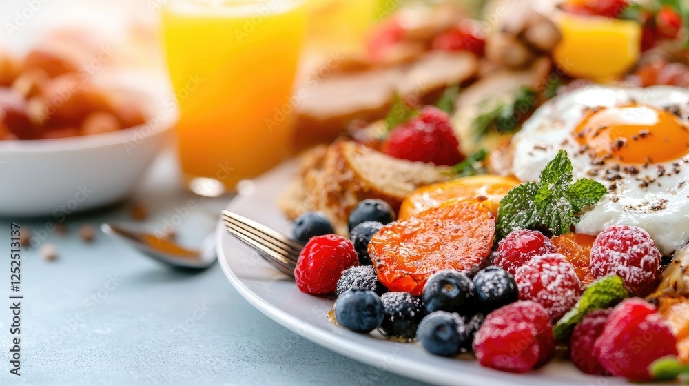 Delicious breakfast plate with fruit and egg Delicious breakfast plate with fruit and egg
