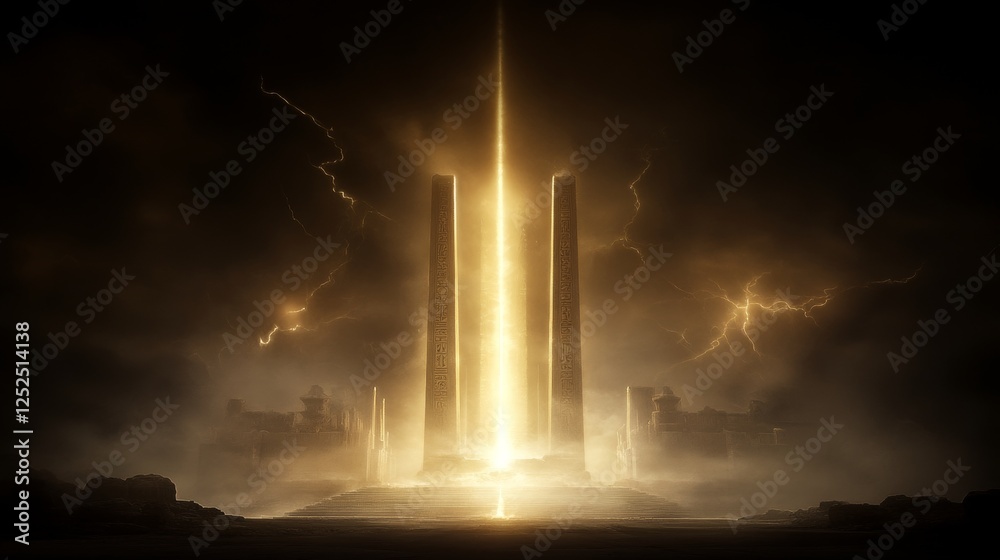 Obraz premium Ancient Pillars Gate with Glowing Beam Emerging Under Stormy Clouds Mysterious Light and Shadow.