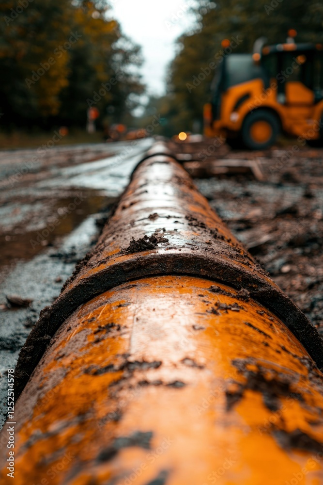 Orange pipe on a muddy construction site on a street in a forest Orange pipe on a muddy construction site on a street in a forest