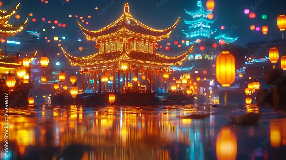 Illuminated Asian architecture at night, reflecting on water with floating lanterns. Illuminated Asian architecture at night, reflecting on water with floating lanterns.