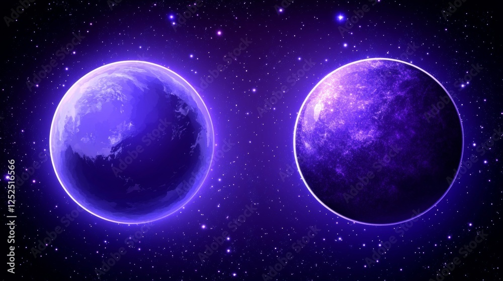 Obraz premium Binary Celestial Duo of Purple Planets Amidst a Sea of Cosmic Stars in Dark Outer Space Fantasy.