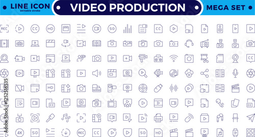 Video icon set. Containing camera, play, pause, media, online video, live, production, player, movie and cinema icons. Video production icon outline icon collection. Editable stroke outline icon.
