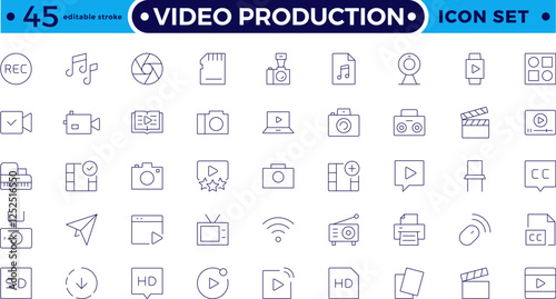 Video icon set. Containing camera, play, pause, media, online video, live, production, player, movie and cinema icons. Video production icon outline icon collection. Editable stroke outline icon.
