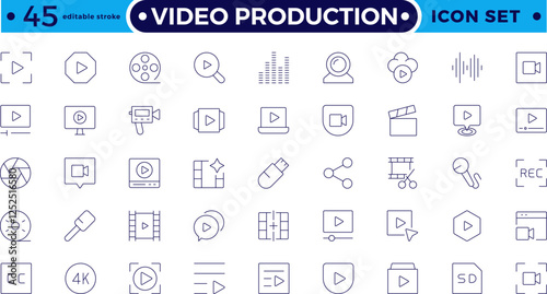 Video icon set. Containing camera, play, pause, media, online video, live, production, player, movie and cinema icons. Video production icon outline icon collection. Editable stroke outline icon.
