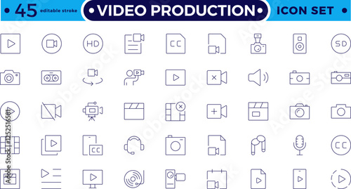 Video icon set. Containing camera, play, pause, media, online video, live, production, player, movie and cinema icons. Video production icon outline icon collection. Editable stroke outline icon.
