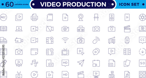 Video icon set. Containing camera, play, pause, media, online video, live, production, player, movie and cinema icons. Video production icon outline icon collection. Editable stroke outline icon.
