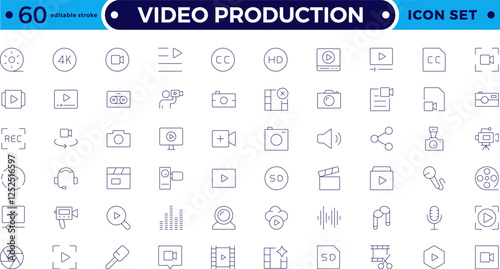 Video icon set. Containing camera, play, pause, media, online video, live, production, player, movie and cinema icons. Video production icon outline icon collection. Editable stroke outline icon.
