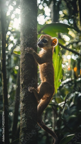 A baby fossa climbing a tree, its sleek body glowing, with a soft focus on a dense Madagascan forest.