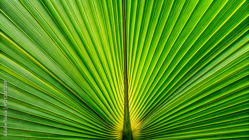 Close-up of a vibrant green palm leaf vein pattern Close-up of a vibrant green palm leaf vein pattern