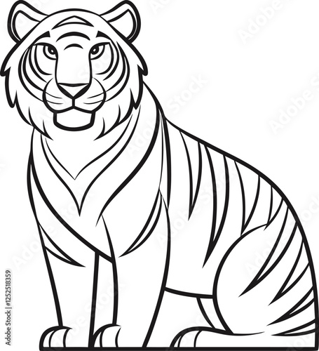 Cartoon Sitting Tiger Line Art, Black and White Illustration