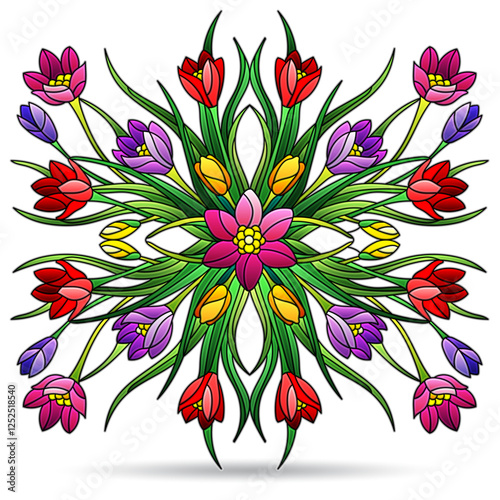 Illustration of stained glass Windows with Crocuses, isolated on a white background
