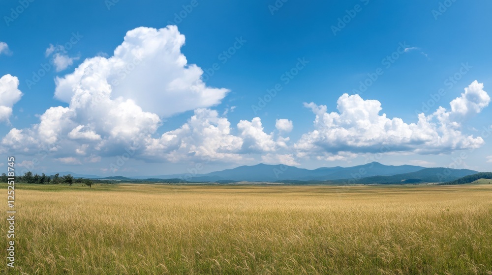 Vast golden field under blue sky and fluffy white clouds Vast golden field under blue sky and fluffy white clouds