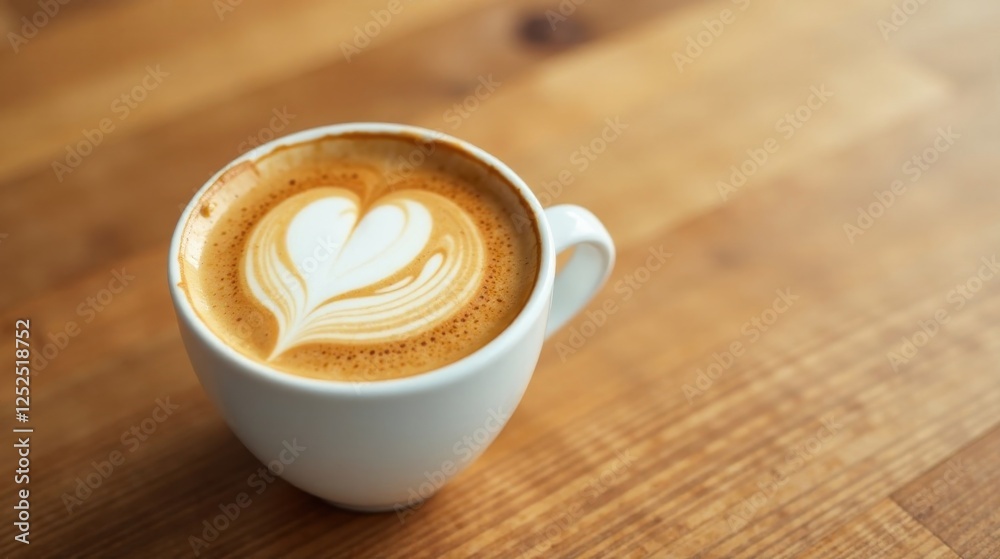 Aromatic Coffee Drink with Heart Design in a White Cup on Wooden Surface Aromatic Coffee Drink with Heart Design in a White Cup on Wooden Surface