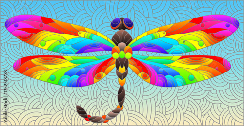 Wallpaper Mural An illustration in the style of a stained glass window with a bright dragonfly on a blue wavy background Torontodigital.ca