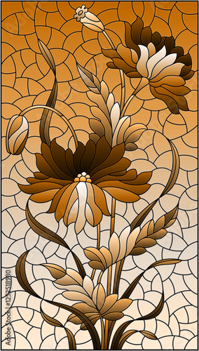 Illustration in stained glass style with  poppies flowers, rectangular image, tone brown