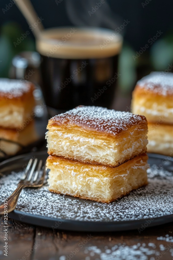 Golden pastry tower on plate, coffee in background. Sweet treat for dessert Golden pastry tower on plate, coffee in background. Sweet treat for dessert