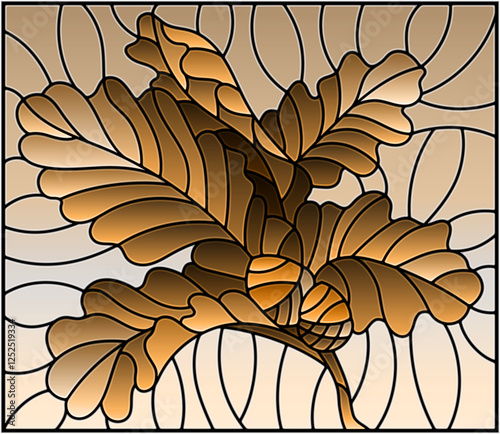 The illustration in stained glass style painting with a branch of oak leaves and acorns on a sky background, tone brown