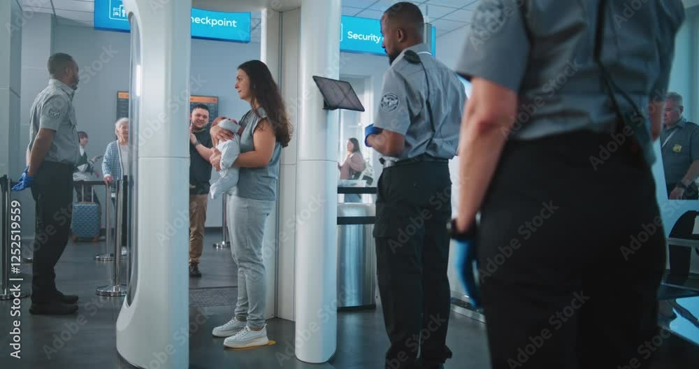 Airport Terminal: Family with Two Kids Passing Through Metal Detector Scanner. Security Officer Checks Passenger on Tablet Computer for Boarding Plane Flight. Queue of Travelers Waiting for Screening.